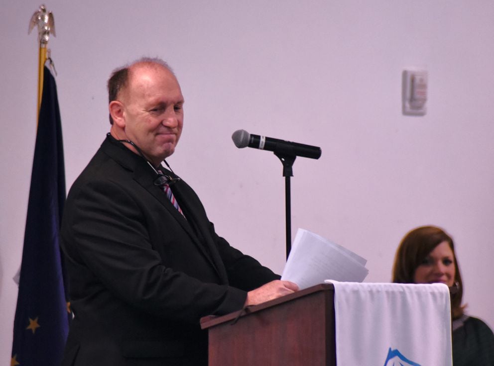 Rep. Gary Knopp, R-Kenai, speaking at a breakfast event hosted by the Kenai and Soldotna chambers of commerce on Friday, Feb. 15, 2019 in Kenai. (Photo by Elizabeth Earl/For the Alaska Journal of Commerce)