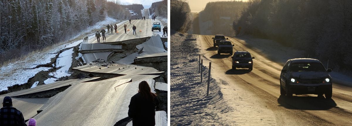 Vine Road A National Symbol Of Alas!   ka S Big Quake Reopens To - left people walk over the section of vine road damaged in the earthquake on nov