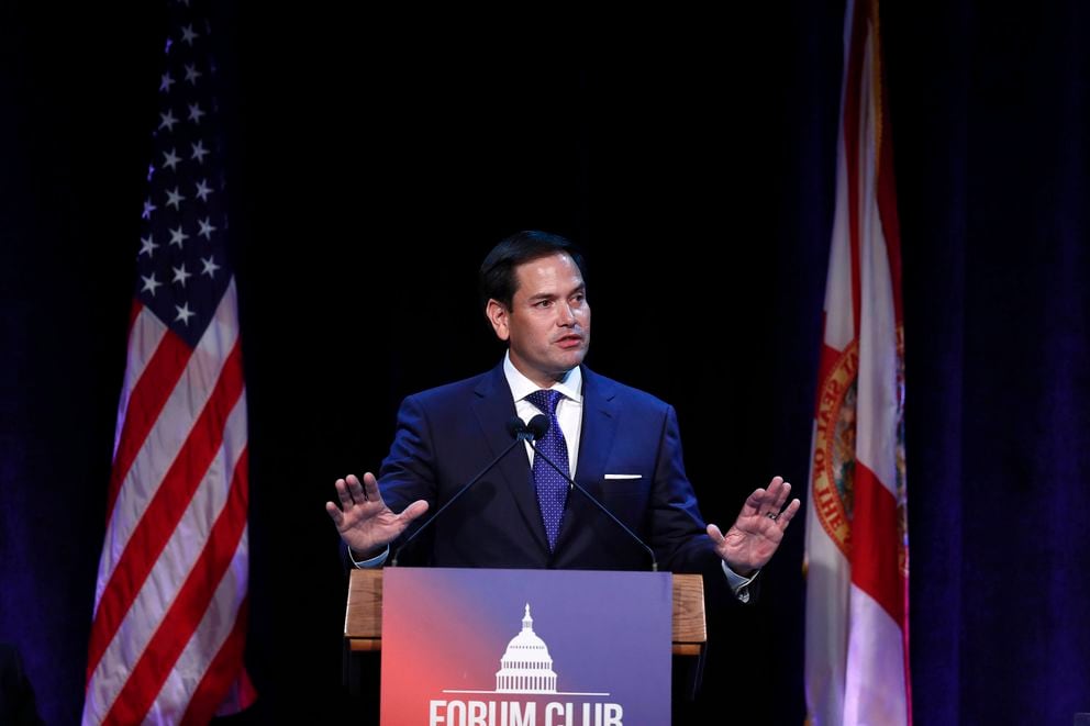 FILE - In this Aug. 21, 2019, file photo, Sen. Marco Rubio, R-Fla., speaks during a Forum Club meeting, in West Palm Beach, Fla. Sen. Rubio mistakenly tweeted a photo of himself and Rep. Elijah Cummings, another Black civil rights icon, in a condolence message Saturday, July 18, 2020, meant to honor Rep. John Lewis. The faux pas was quickly discovered and the Rubio replaced it with a video of himself and Lewis at a Miami event. Lewis died Friday at the age of 80. (AP Photo/Brynn Anderson, File)