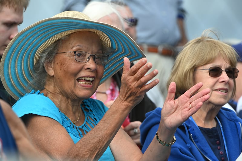 Anchorage Glacier Pilots hosts Carolyn Jones, left, and Kristen Dyson watched the 3-0 shutout victory over the Mat-Su Miners at Mulcahy Stadium on Tuesday, July 18, 2023. (Bill Roth / ADN) 