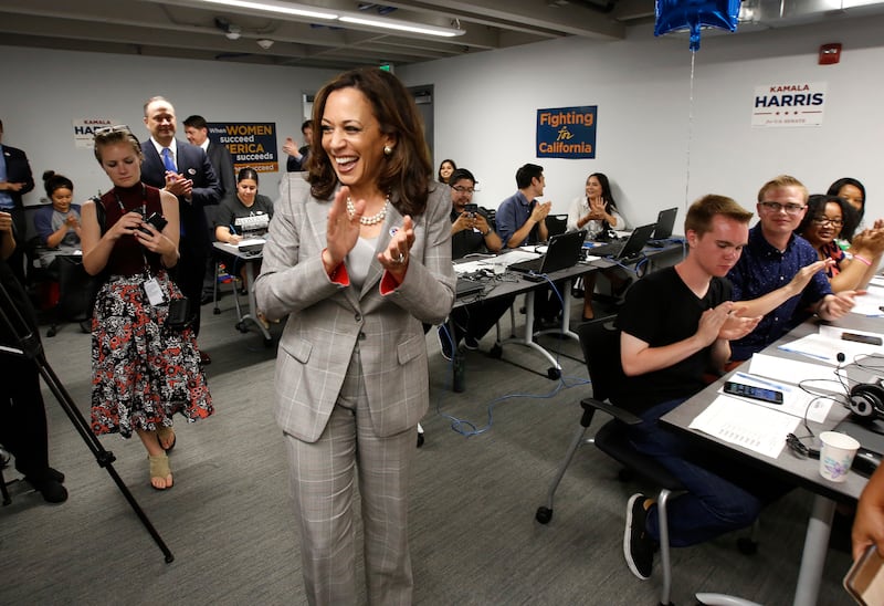 In this June 7, 2016, file photo, Attorney General Kamala Harris, a candidate for the U.S. Senate, thanks supporters who worked a phone bank for her at the California Democratic Party headquarters on election day in Sacramento, Calif. Harris won a commanding victory in Tuesday's primary to claim one of two runoff spots, winning all but a handful of the state's 58 counties. (AP Photo/Rich Pedroncelli, File)
