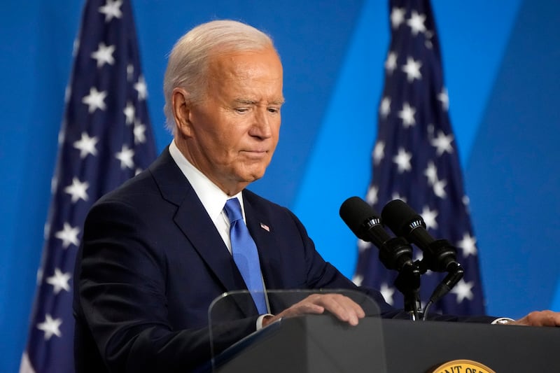 FILE - President Joe Biden pauses as he speaks at a news conference Thursday July 11, 2024, on the final day of the NATO summit in Washington. Biden dropped out of the 2024 race for the White House on Sunday, July 21, ending his bid for reelection following a disastrous debate with Donald Trump that raised doubts about his fitness for office just four months before the election. (AP Photo/Jacquelyn Martin, File)