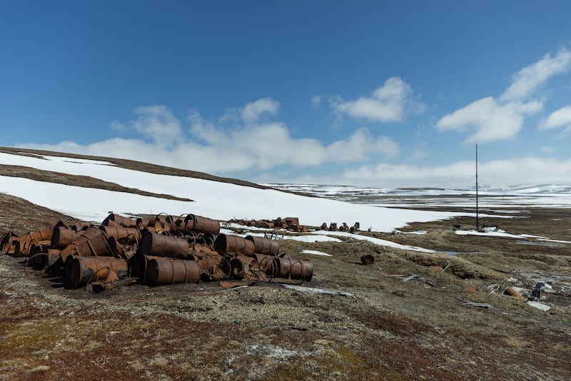 Ruins of the Loran station sit above the St. Matthew beach in the tundra along the southern end of the island. The station operated in the 1940's and represents one of the only times there was year-round human habitation on the island. (Photo by Nathaniel Wilder)