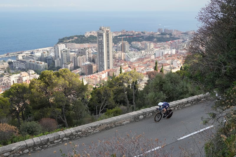 Denmark's Jonas Vingegaard climbs the hills around Monaco during the twenty-first stage of the Tour de France cycling race, an individual time trial over 33.7 kilometers (20.9 miles) with start in Monaco and finish in Nice, France, Sunday, July 21, 2024. (AP Photo/Jerome Delay)