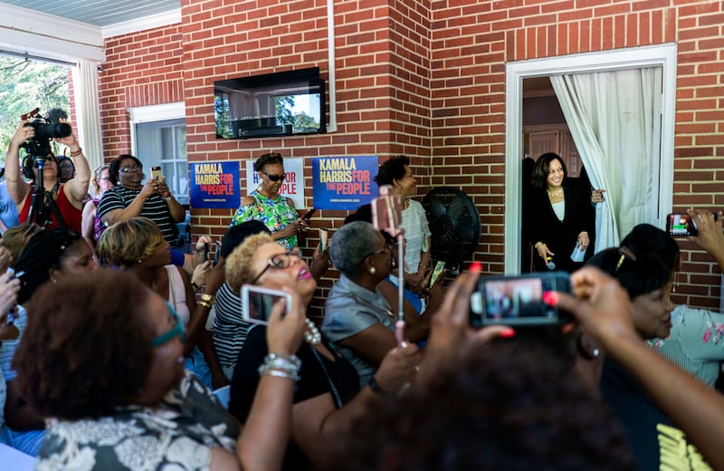 Kamala Harris prepares to speak to supporters of her presidential campaign at a meet-and-greet event in Columbia, S.C., in 2020. Melina Mara/The Washington Post