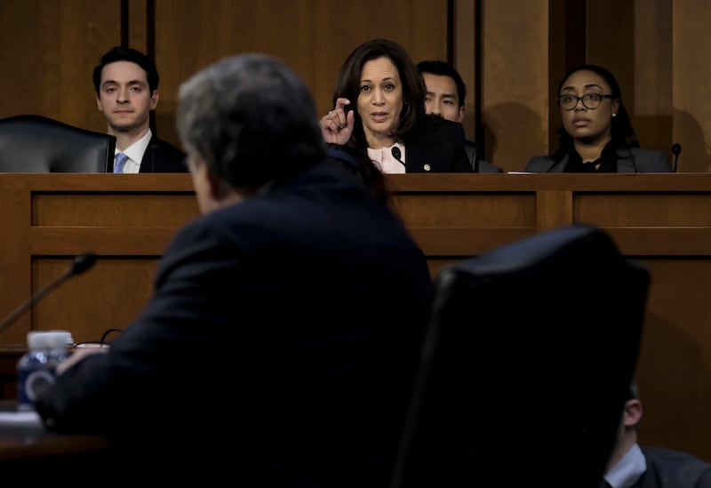 Kamala Harris questions Attorney General William P. Barr in 2019 as he testifies before the Senate Judiciary Committee. Bonnie Jo Mount/The Washington Post