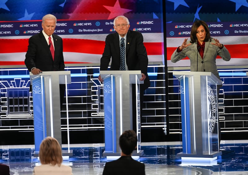 Joe Biden, Sen. Bernie Sanders (I-Vt.) and Kamala Harris during the 2020 Democratic presidential primary debate in Atlanta. Toni L. Sandys/The Washington Post