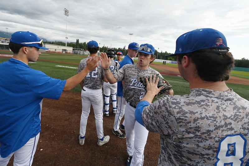 Anchorage Glacier Pilots left fielder Jacob Stinson returns to the dugout during a 3-0 shutout victory over the Mat-Su Miners at Mulchay Stadium on Tuesday, July 18, 2023. (Bill Roth / ADN) 