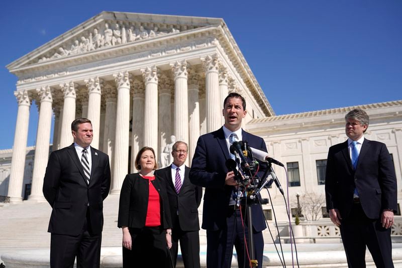 Nebraska Solicitor General Jim Campbell speaks with reporters outside the Supreme Court on Capitol Hill in Washington, Tuesday, Feb. 28, 2023, after arguing before the court against President Joe Biden's student debt relief plan. (AP Photo/Patrick Semansky)