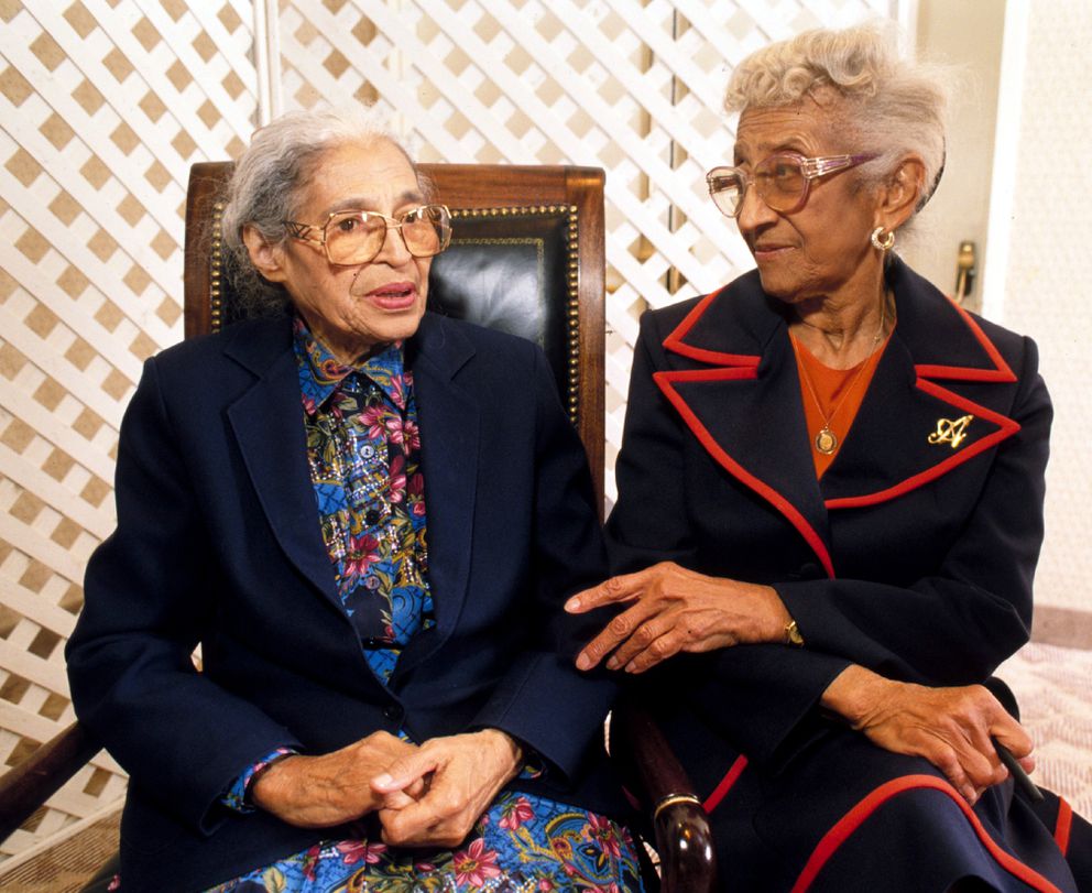 Rosa Parks (left) visits with Wasilla attorney Mahala Ashley Dickerson while in Anchorage in 1996. Parks and Dickerson were childhood schoolmates. Parks became a figure of the Civil Rights movement in the 1950's for her refusal to give her seat up on a Montgomery, Alabama bus to a white man. Dickerson became the first black woman admitted to the Alabama bar, and the first black attorney in Alaska. (Erik Hill / Anchorage Daily News archive 1996) 
